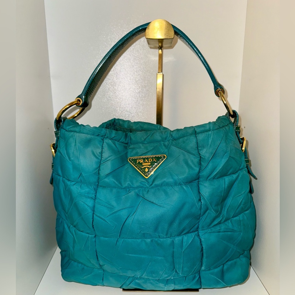 ~ SOLD ~ Prada Teal Quilted Nylon Bag with Leather Strap